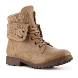 Rock & Candy Spraypaint Tan Faux Leather Lace Up Moto Combat Ankle Boots, 8.5